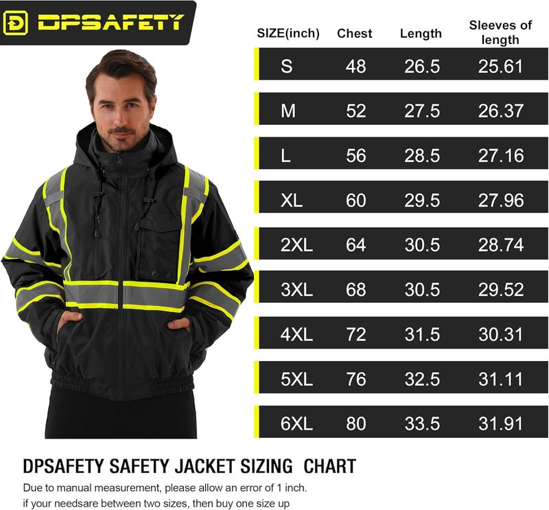 DPSAFETY Hi Vis Safety jacket for men,Reflective high Visibility Hooded jacket,Work Bomber Jacket with Pockets and Zipper,Waterproof,ANSI Class 3 Black,Small - Image 5